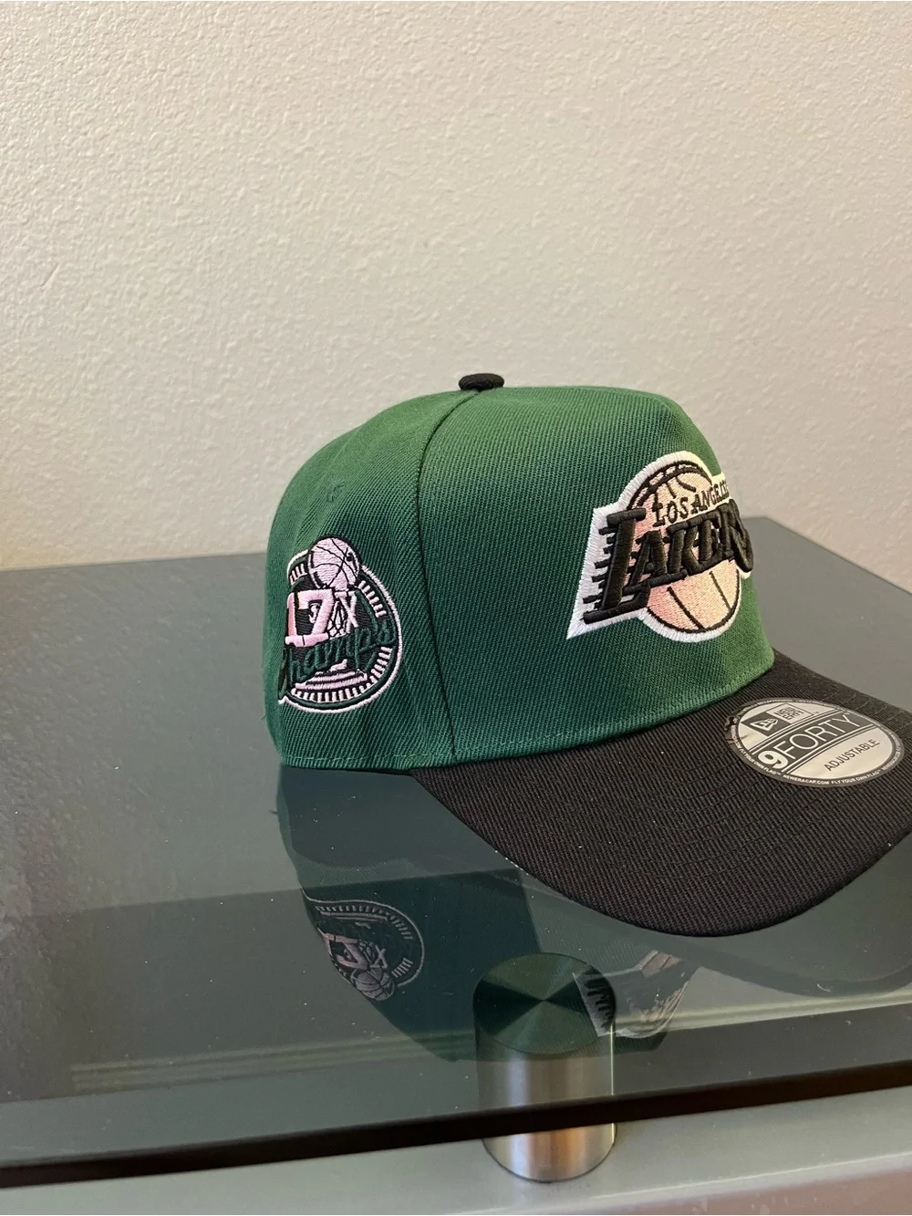 New Era Kids Los Angeles Lakers Green and Black Snapback Hat with Pink Logo
